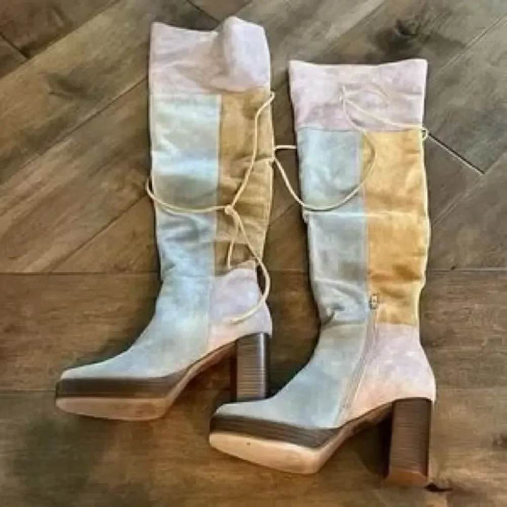 Free People Echo Platform Over-The-Knee Boots Soft Pieced Leather Patches US 7.5